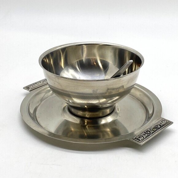 Vtg Mid Century Danish Mod Sauce/Gravy Boat Stainless Steel Attchd Saucer Ladle - Picture 1 of 12